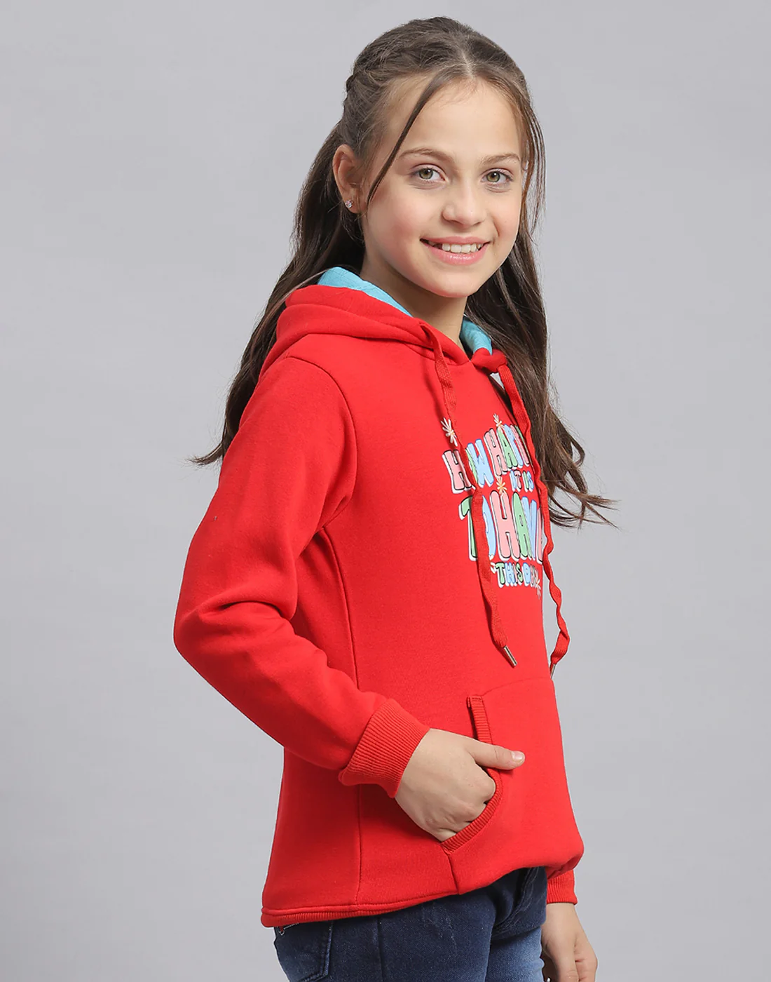 Girls Red Printed Hooded Full Sleeve Sweatshirt - Image 4