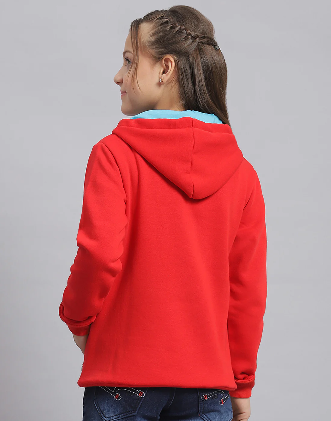 Girls Red Printed Hooded Full Sleeve Sweatshirt - Image 5