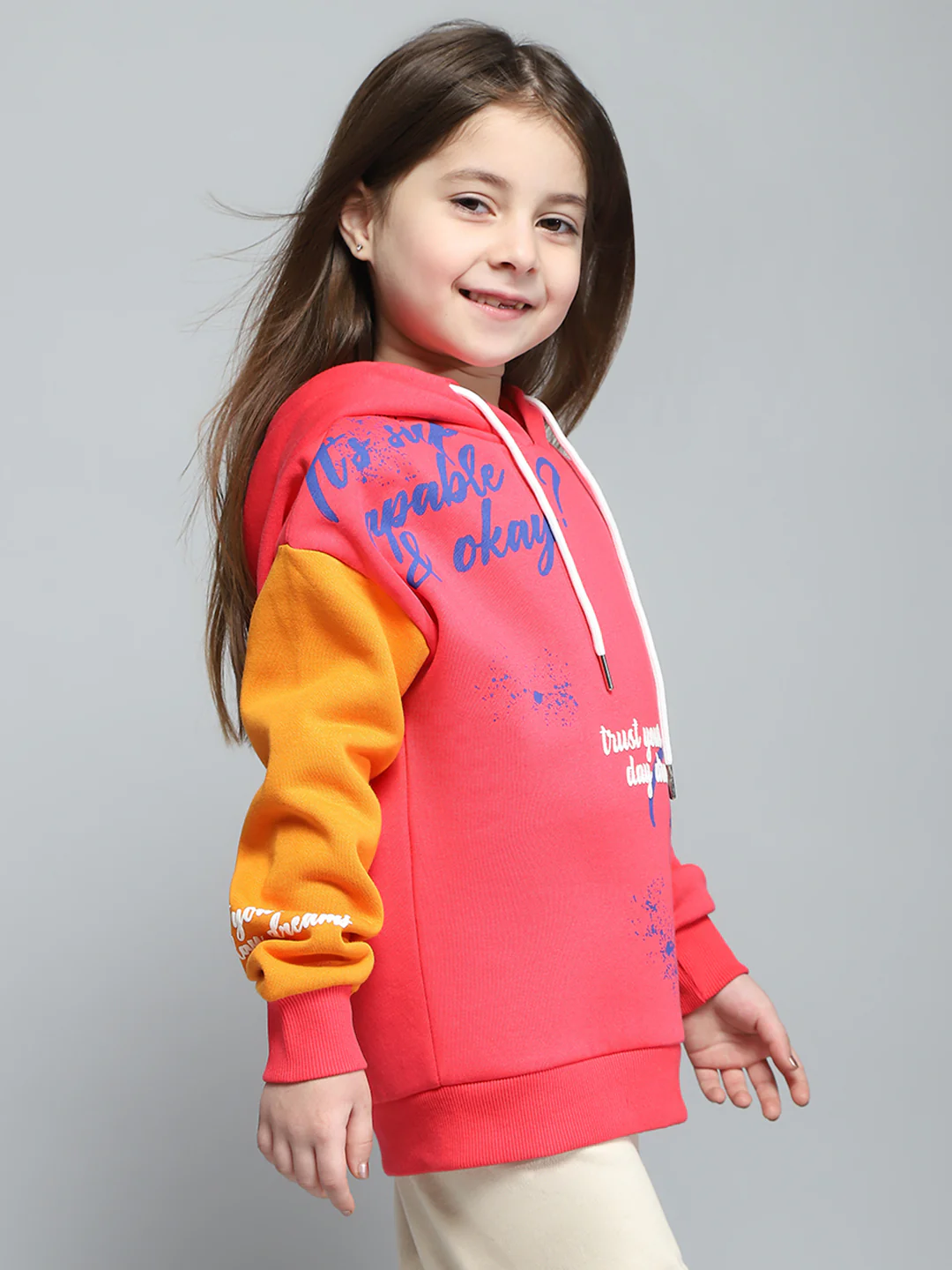 Girls Red Printed Hooded Full Sleeve Sweatshirt - Image 4