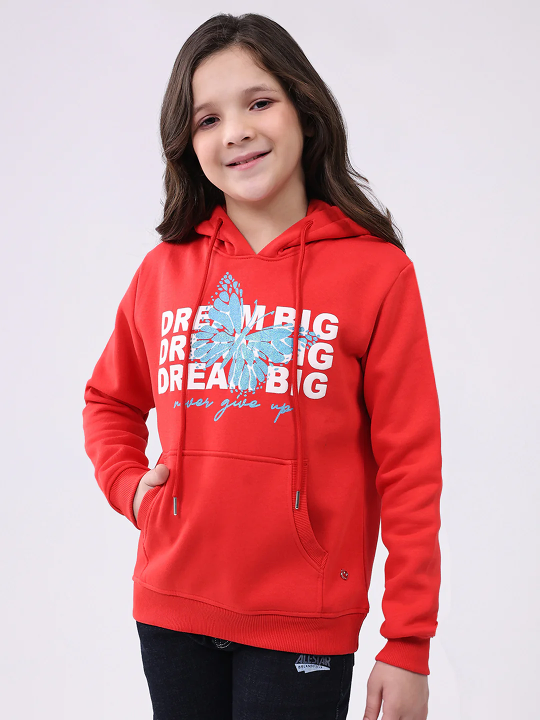 Girls Red Printed Hooded Full Sleeve Sweatshirt - Image 3