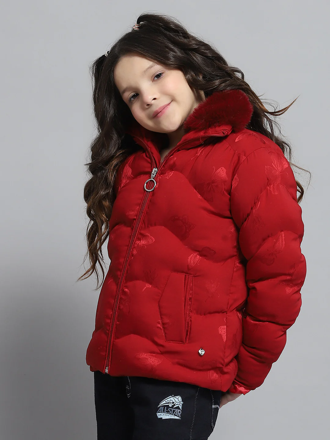Girls Red Self Design Collar Full Sleeve Jacket - Image 3