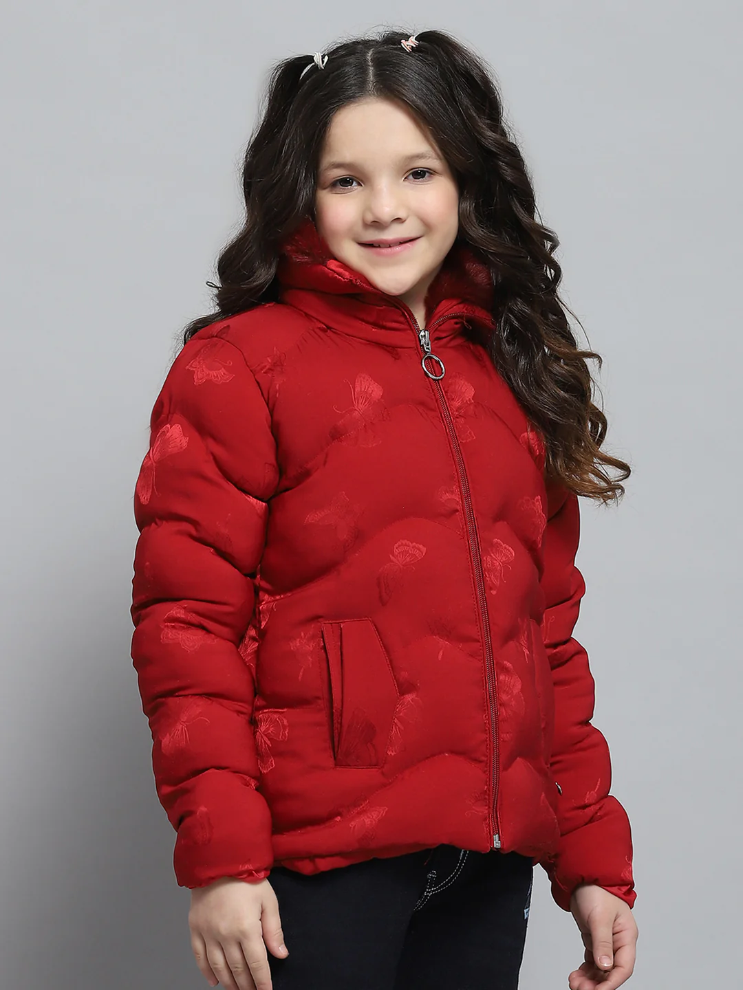 Girls Red Self Design Collar Full Sleeve Jacket - Image 4