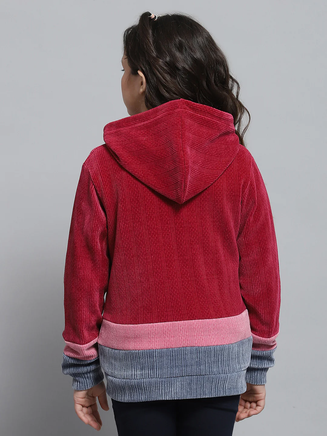 Girls Red Self Design Hooded Full Sleeve Sweatshirt - Image 5