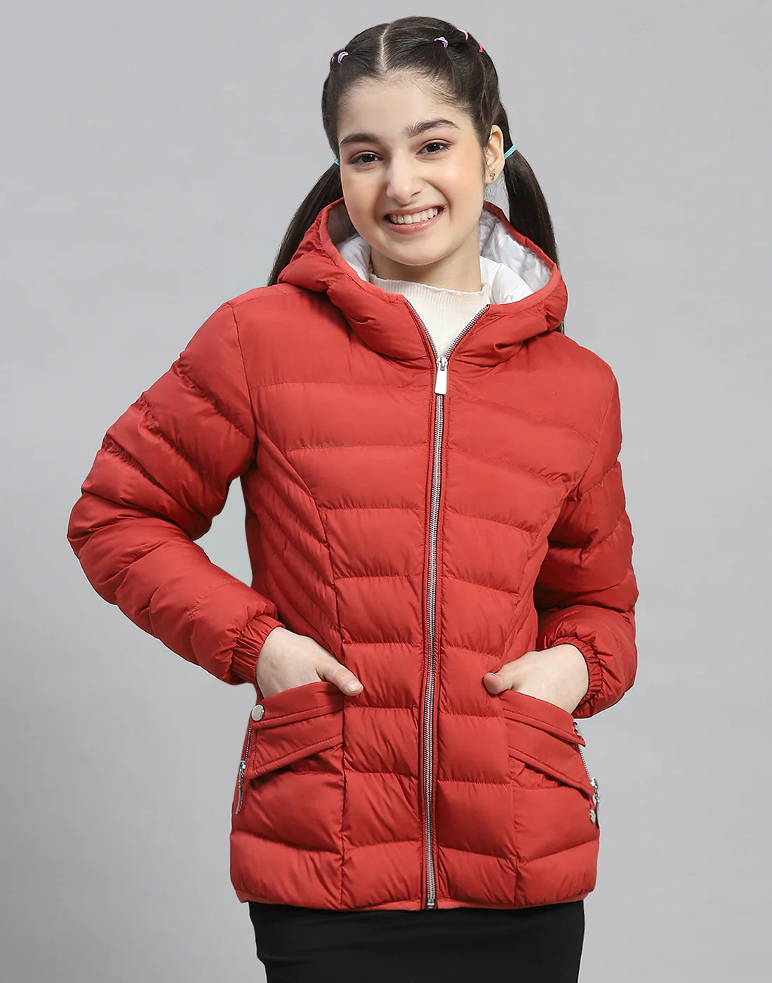 Girls Red Solid Hooded Full Sleeve Girls Jacket - Image 2