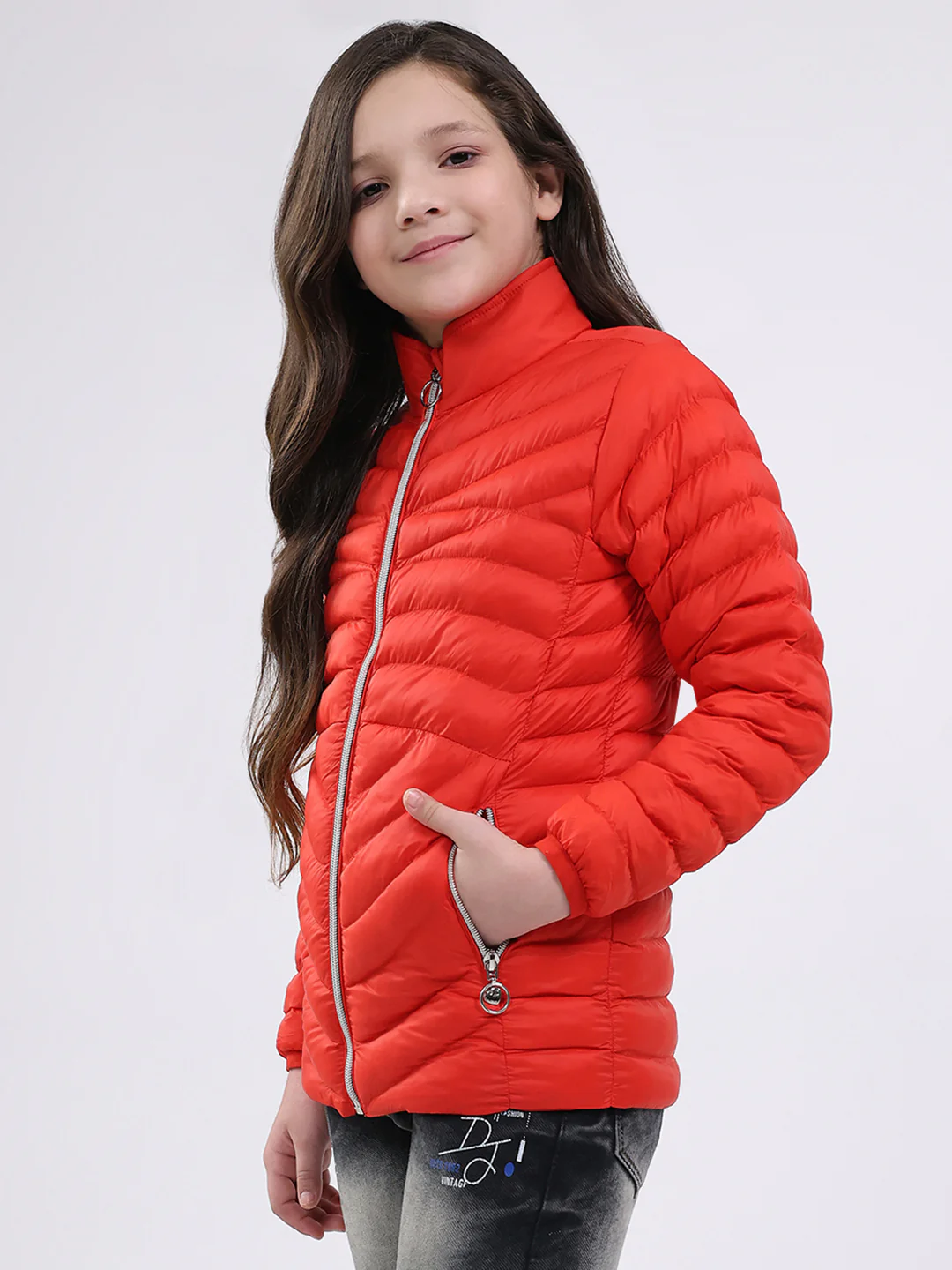 Girls Red Solid Mock Neck Full Sleeve Jacket - Image 3