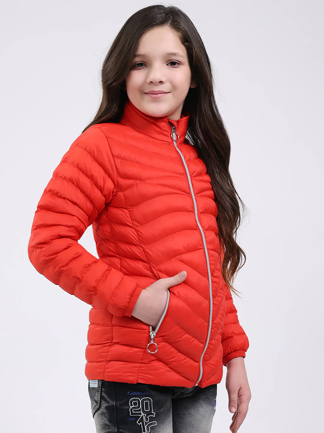 Girls Red Solid Mock Neck Full Sleeve Jacket - Image 4