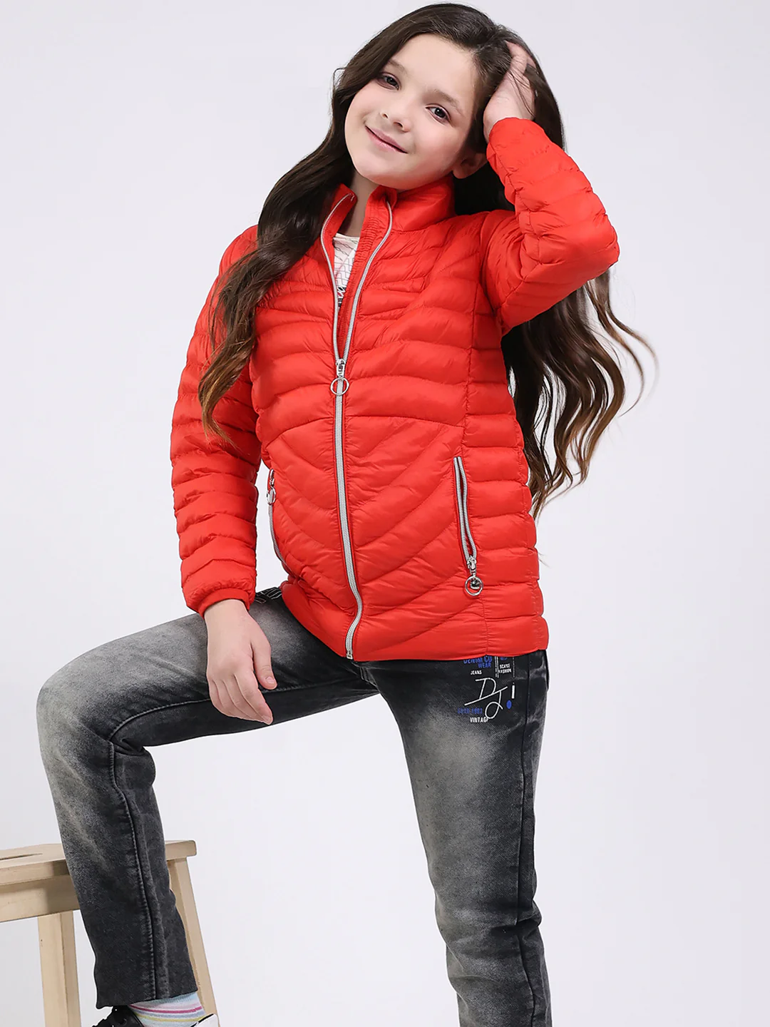 Girls Red Solid Mock Neck Full Sleeve Jacket - Image 6