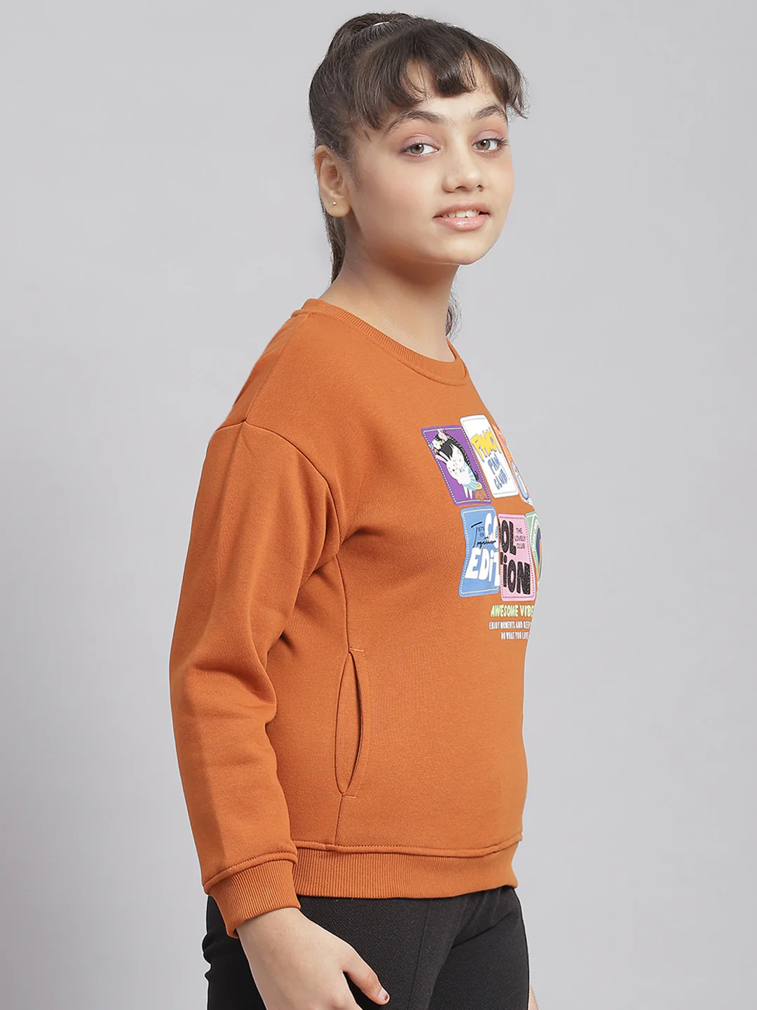 Girls Rust Printed Round Neck Full Sleeve Sweatshirt - Image 6