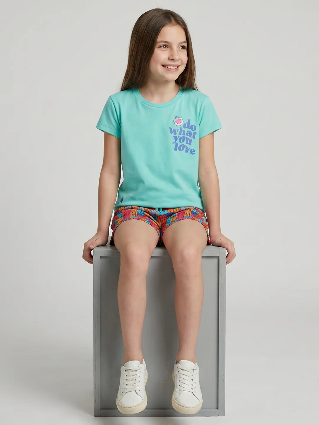 Girls Sea Green Printed Round Neck Half Sleeve Shorts Set - Image 5