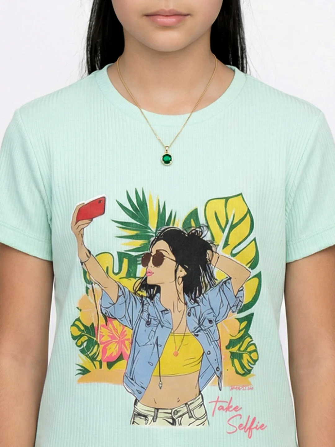 Girls Sea Green Printed Round Neck Half Sleeve Top - Image 6