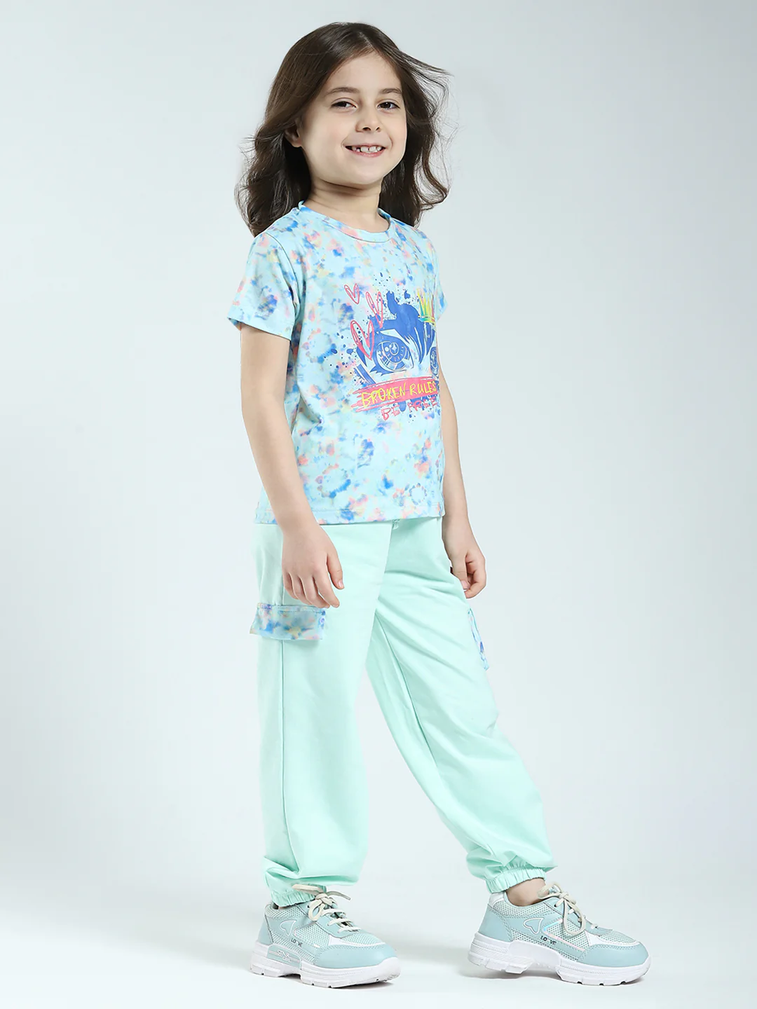 Girls Sea Green Printed Round Neck Half Sleeve Lower Set - Image 4