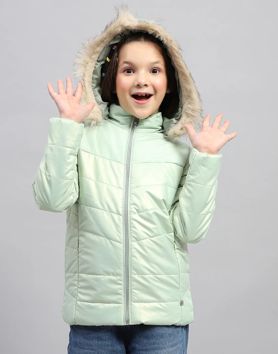 Girls Sea Green Solid Hooded Full Sleeve Jacket - Image 2