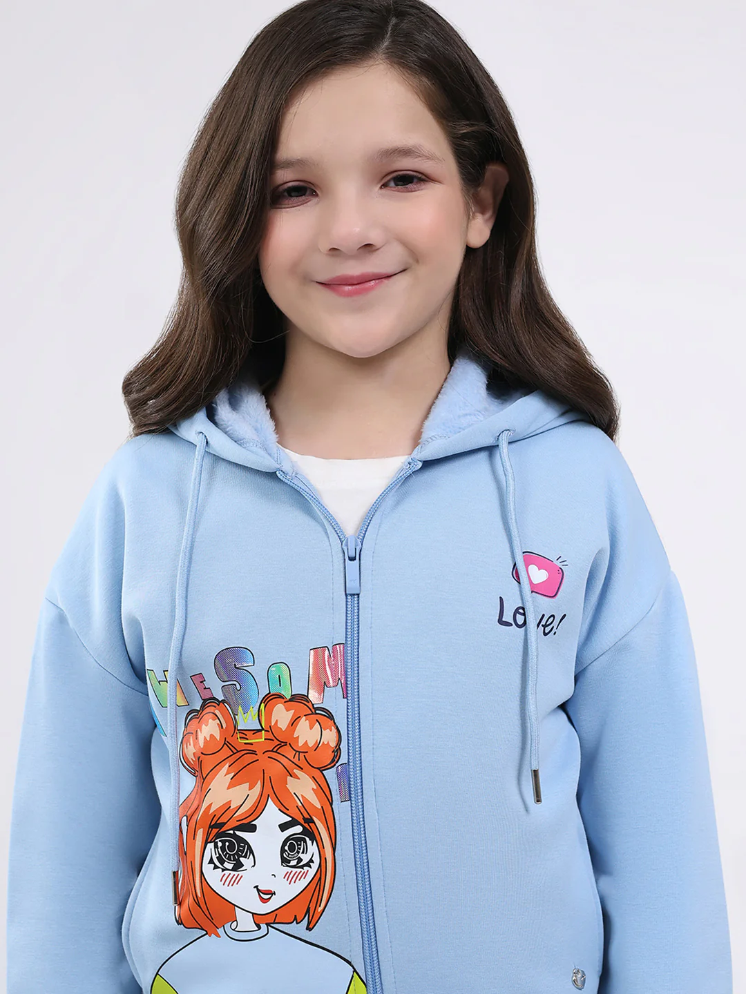 Girls Sky Blue Printed Hooded Full Sleeve Sweatshirt - Image 7