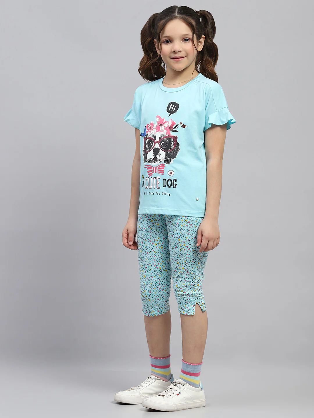 Girls Sky Blue Printed Round Neck Half Sleeve Capri Set - Image 3