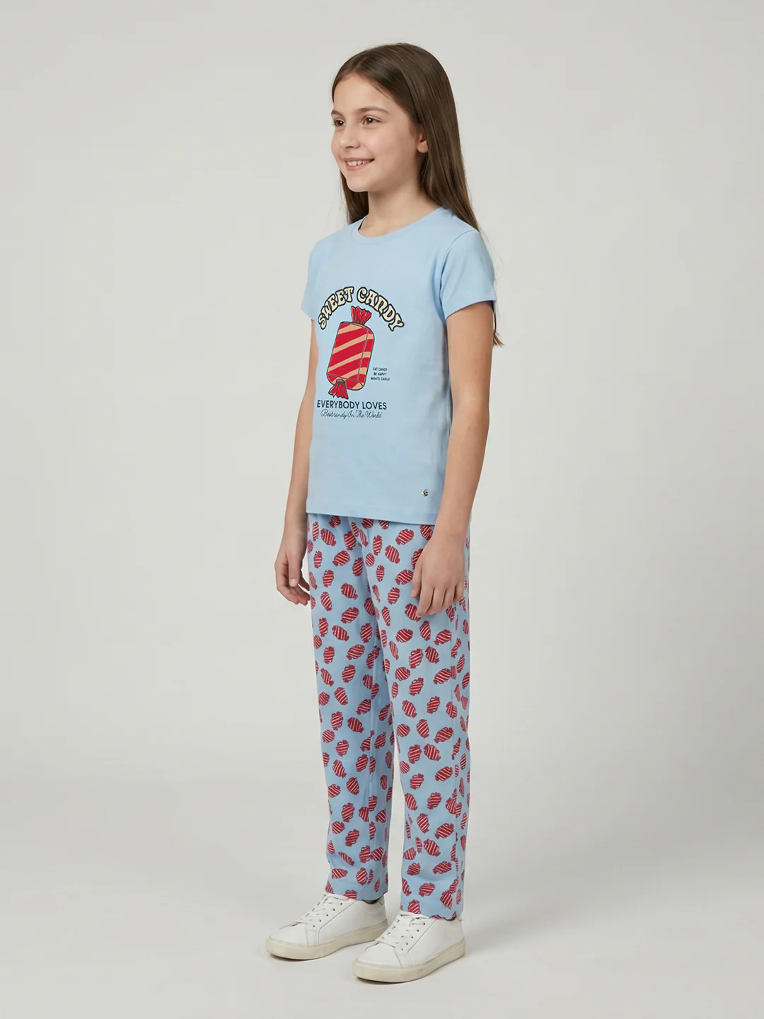 Girls Sky Blue Printed Round Neck Half Sleeve Lower Set - Image 3