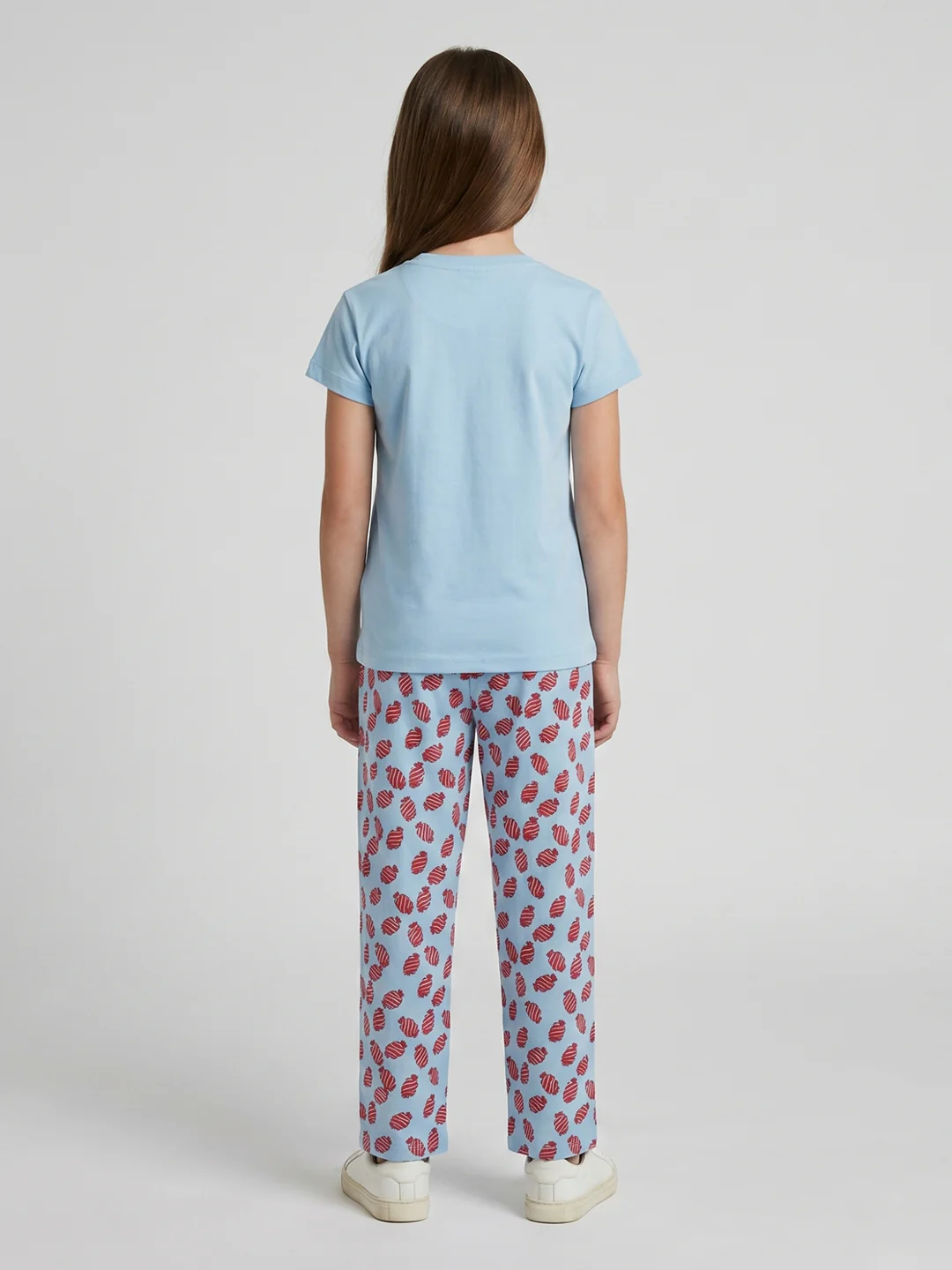 Girls Sky Blue Printed Round Neck Half Sleeve Lower Set - Image 4