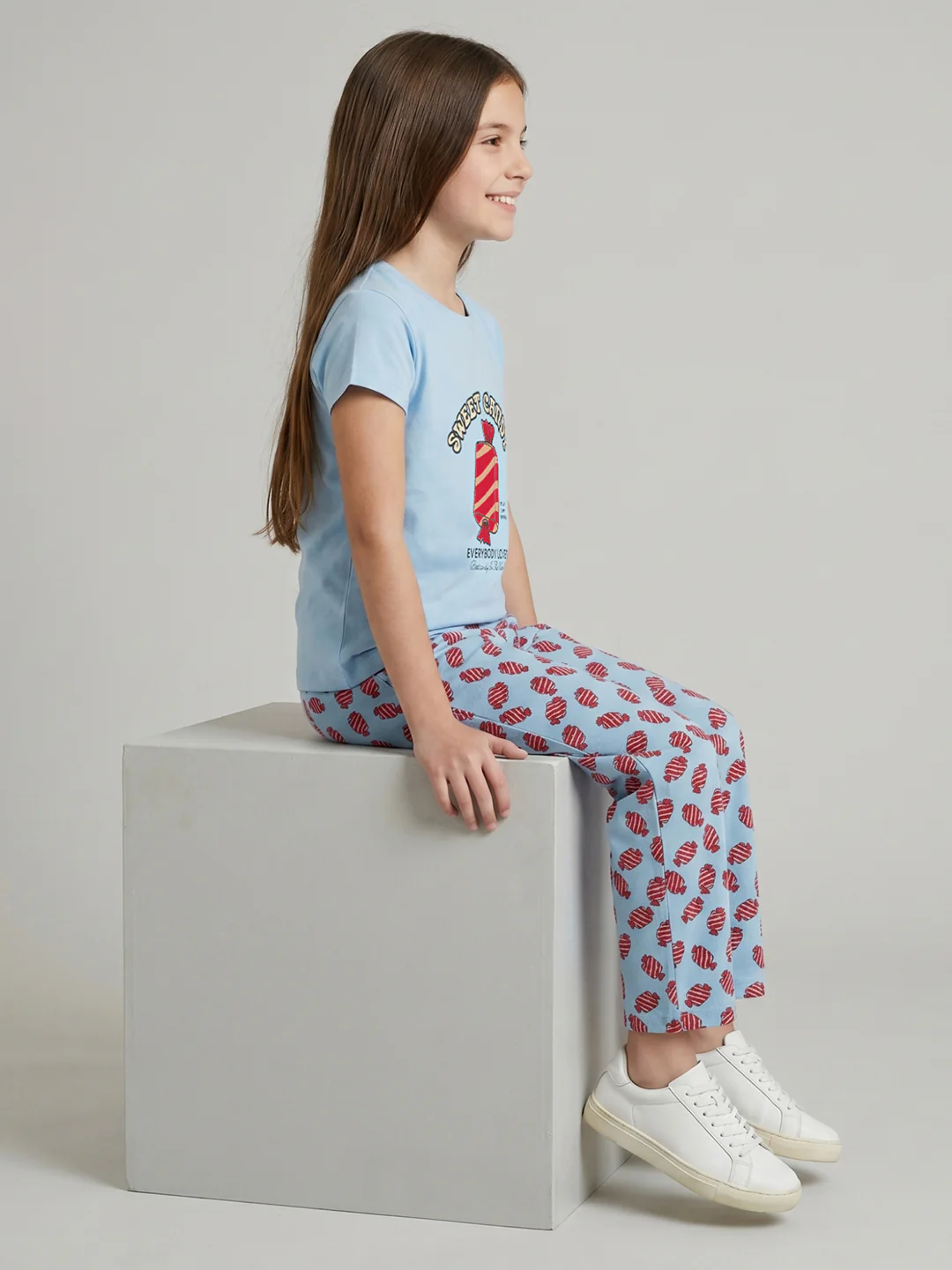 Girls Sky Blue Printed Round Neck Half Sleeve Lower Set - Image 5