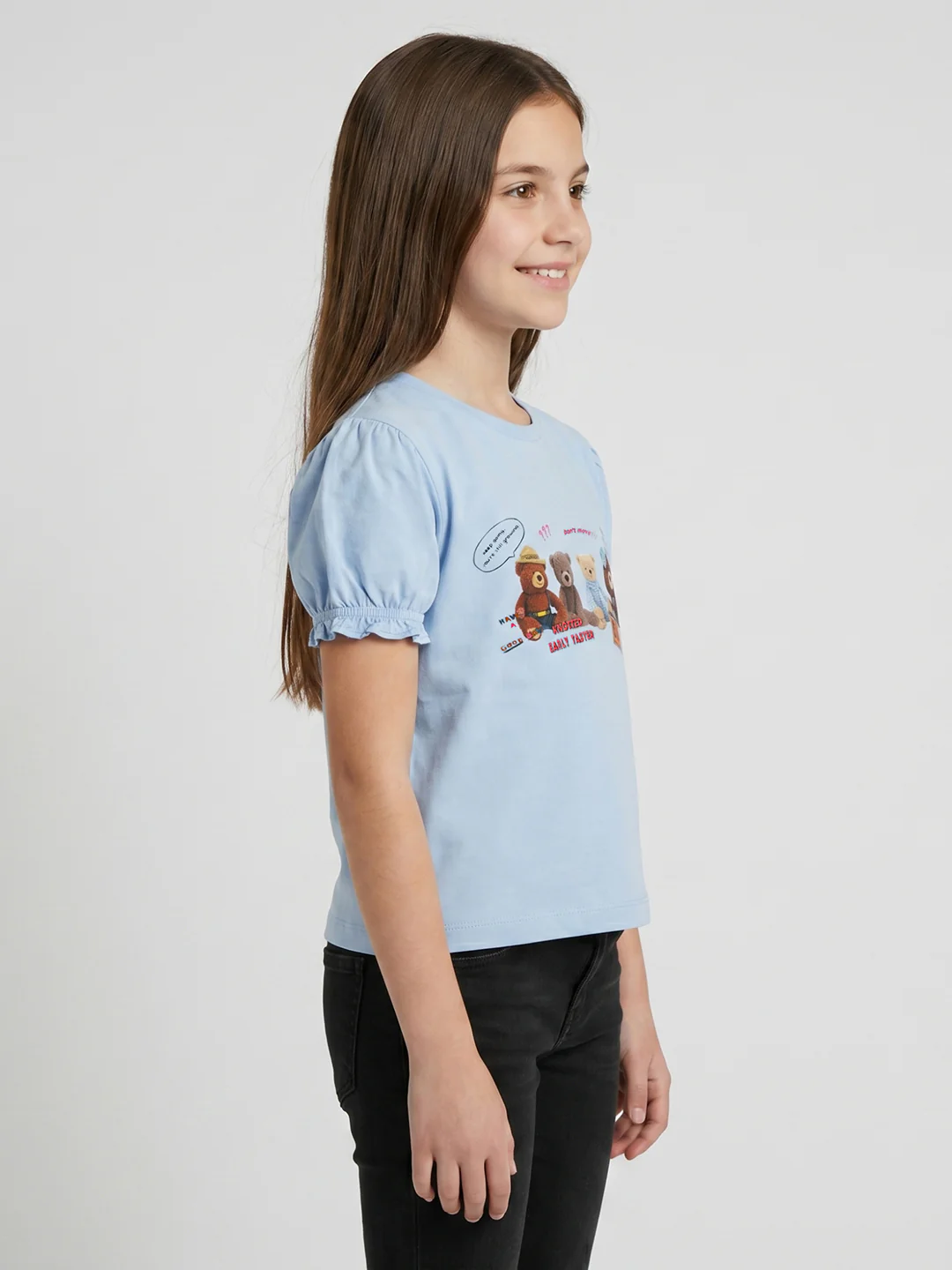 Girls Sky Blue Printed Round Neck Half Sleeve Top - Image 3