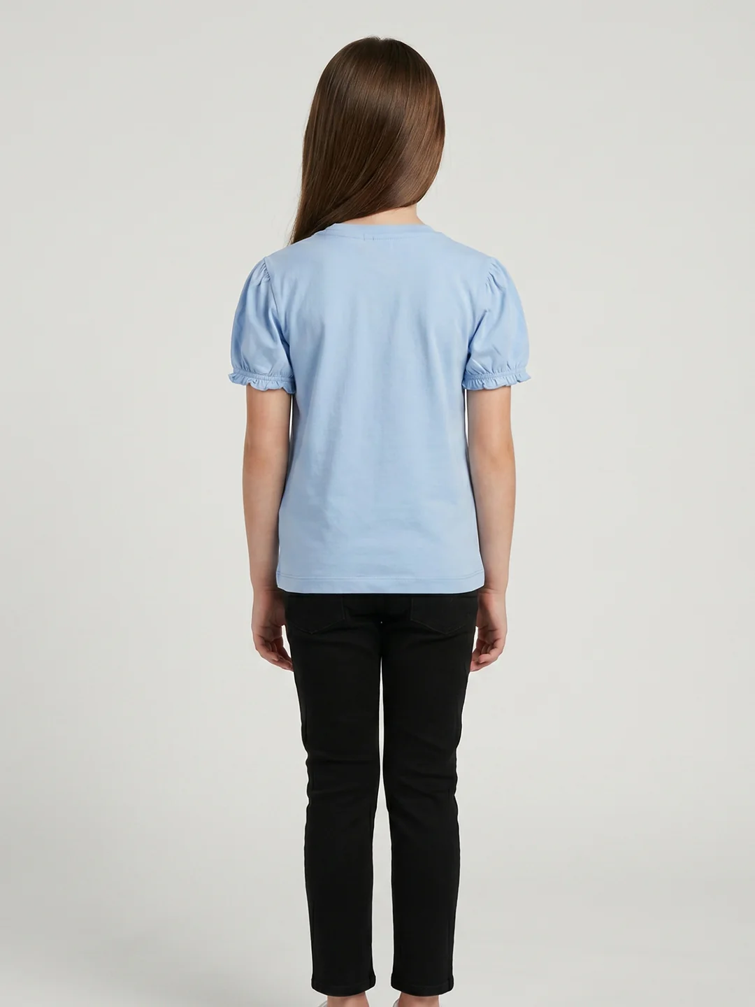 Girls Sky Blue Printed Round Neck Half Sleeve Top - Image 4
