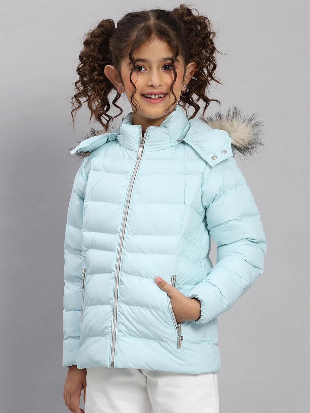 Girls Sky Blue Self Design Hooded Full Sleeve Jacket - Image 3
