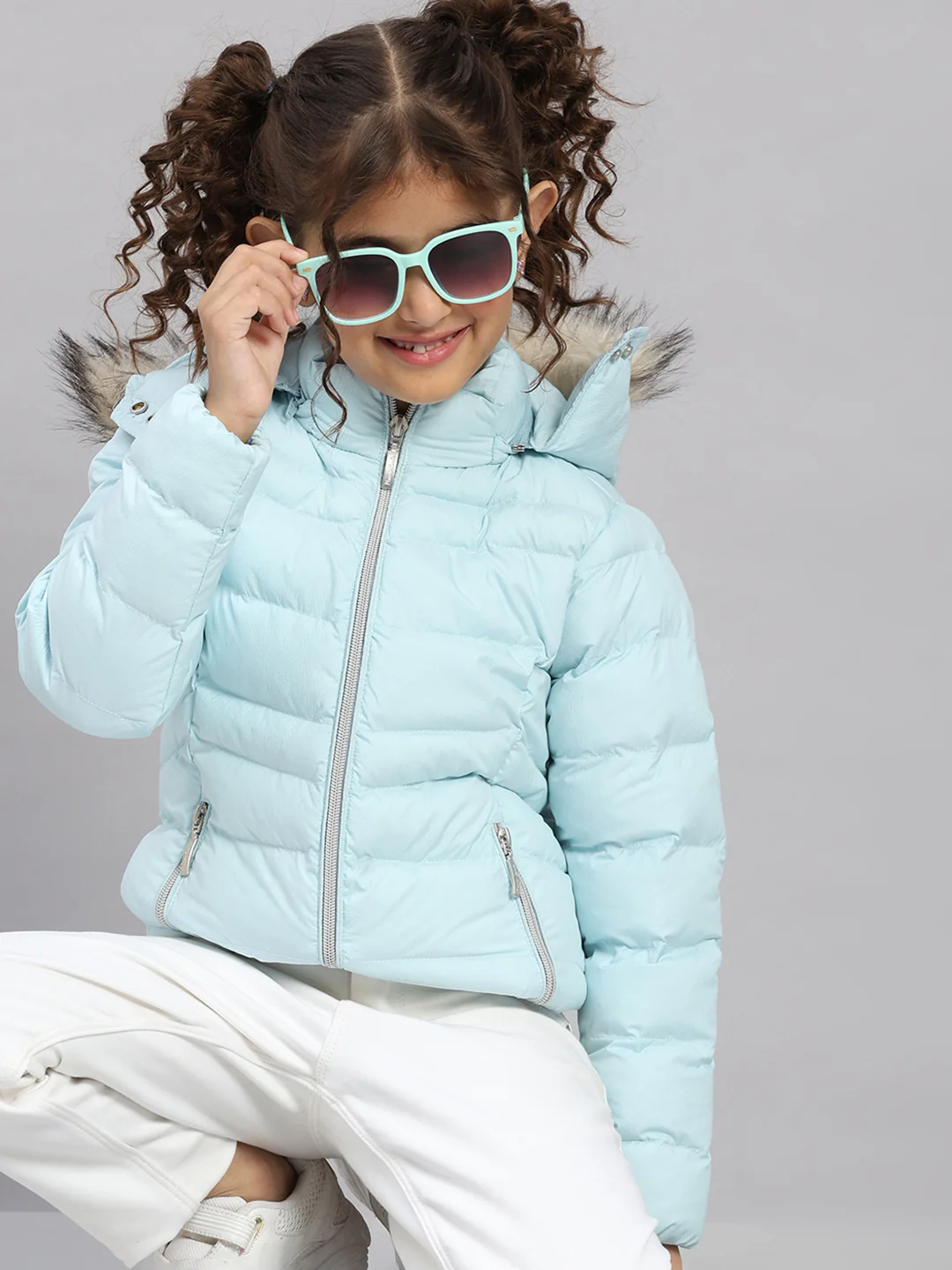 Girls Sky Blue Self Design Hooded Full Sleeve Jacket - Image 6
