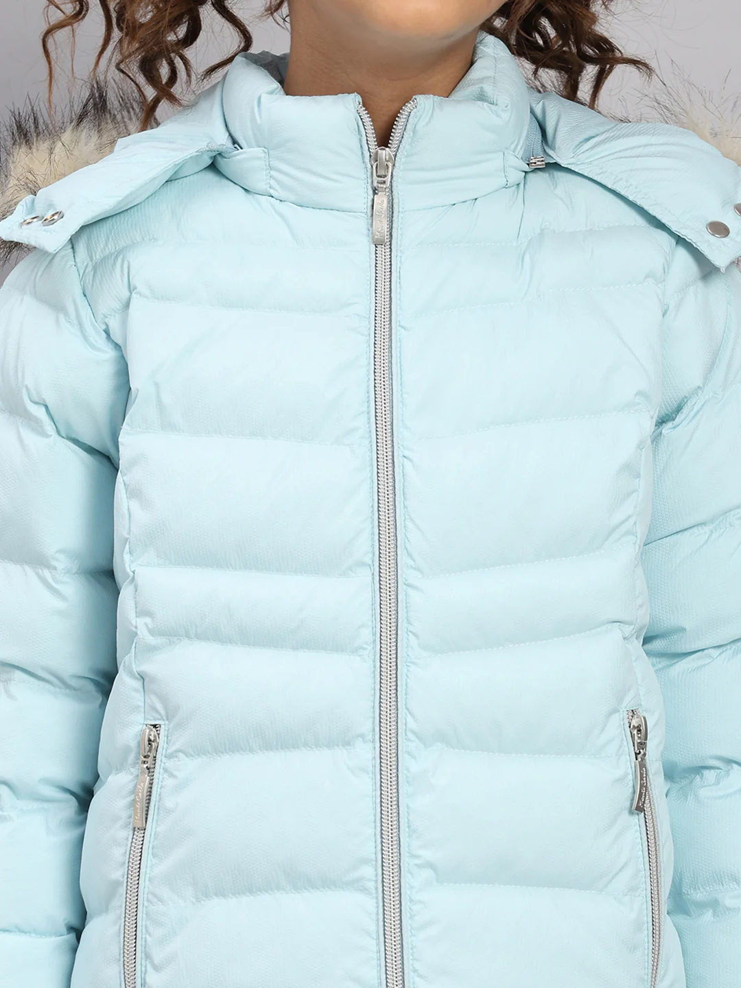 Girls Sky Blue Self Design Hooded Full Sleeve Jacket - Image 7