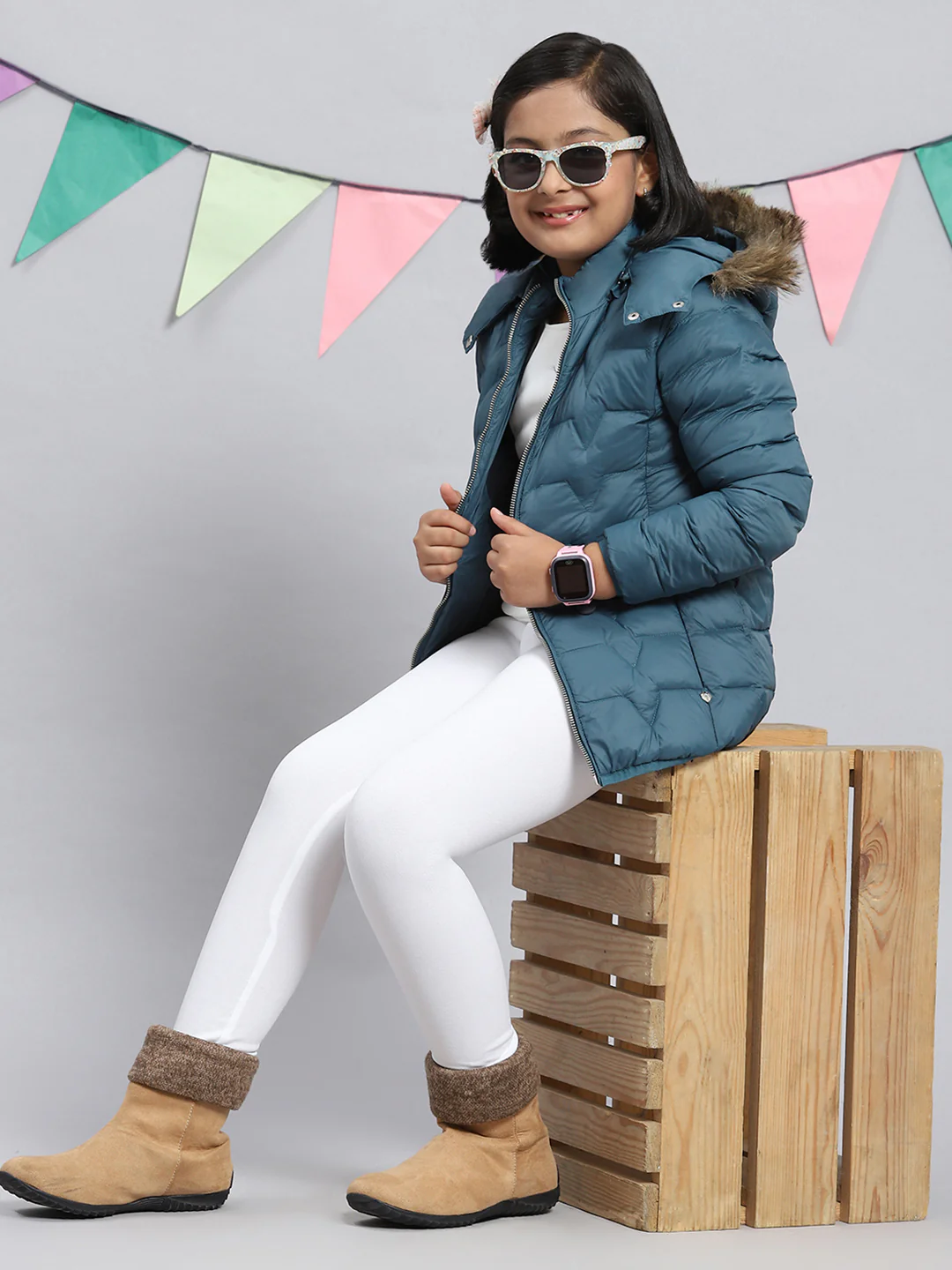 Girls Teal Blue Plain Jacket - Image 6