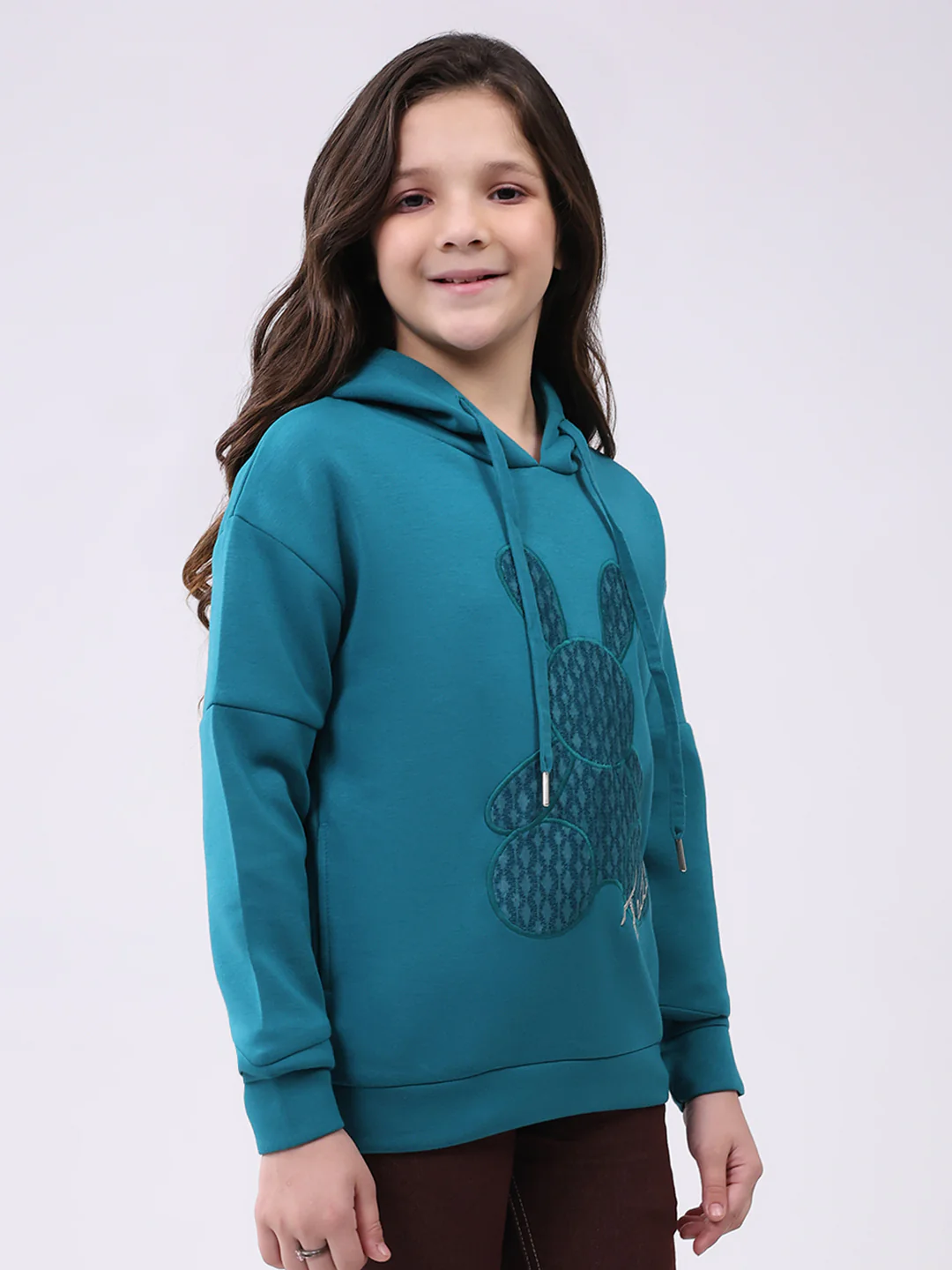 Girls Teal Blue Printed Hooded Full Sleeve Sweatshirt - Image 4