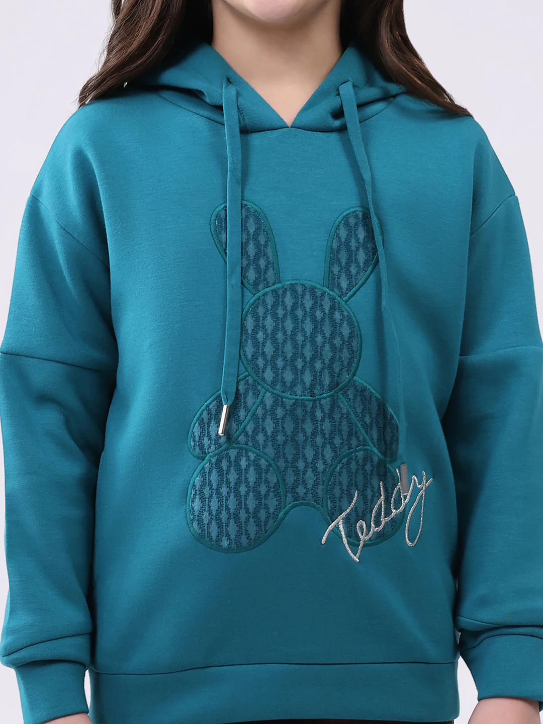 Girls Teal Blue Printed Hooded Full Sleeve Sweatshirt - Image 7