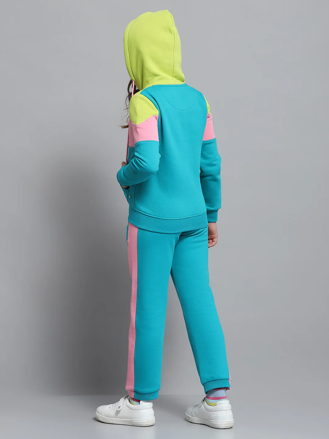 Girls Teal Blue Printed Hooded Full Sleeve Tracksuit - Image 5