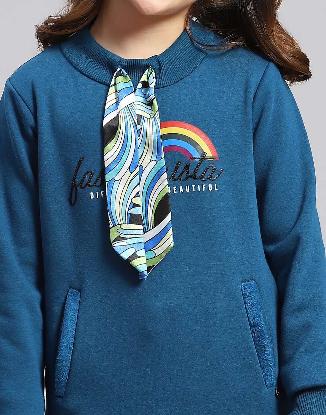 Girls Teal Blue Printed Round Neck Full Sleeve Sweatshirt - Image 8