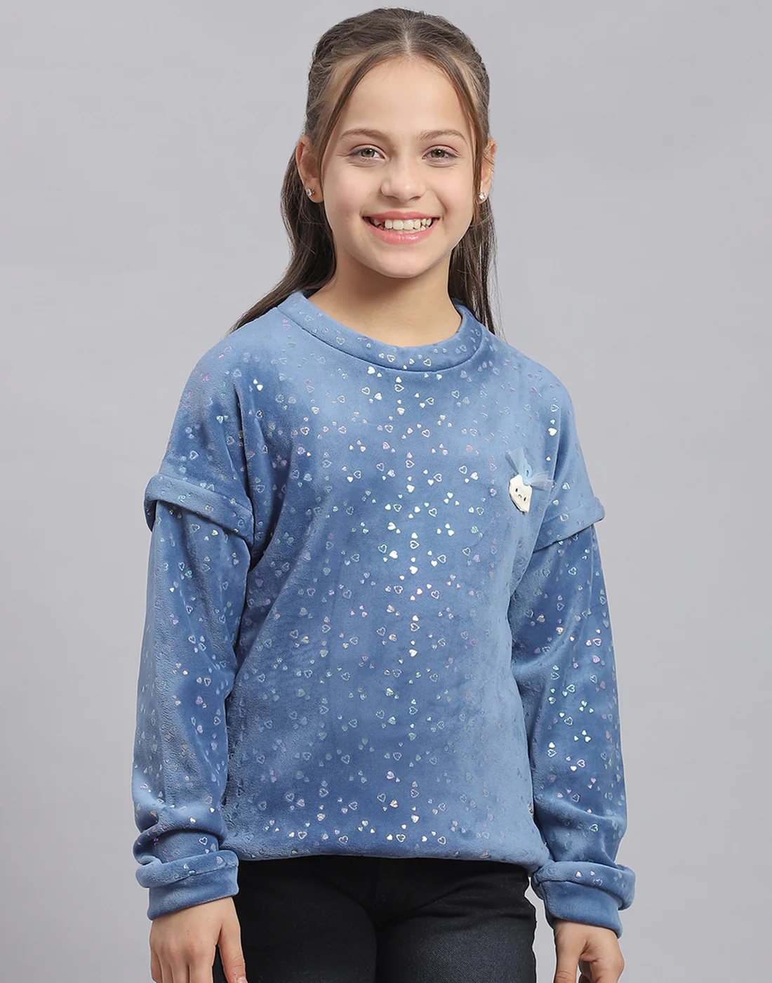Girls Teal Blue Printed Round Neck Full Sleeve Sweatshirt - Image 3
