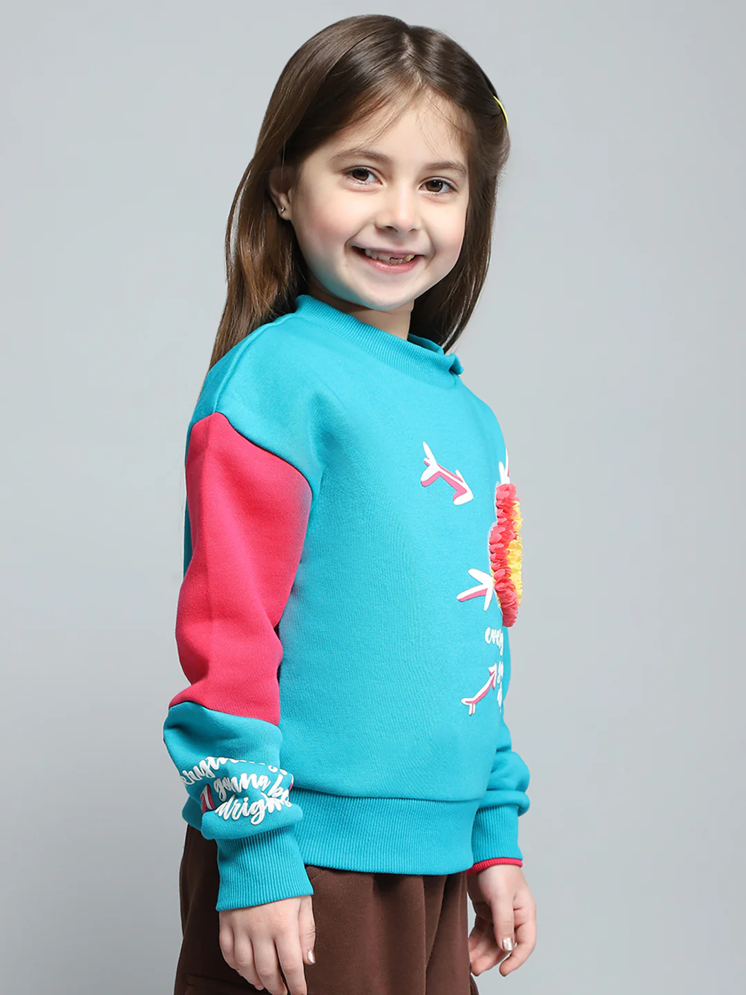 Girls Teal Blue Printed Round Neck Full Sleeve Sweatshirt - Image 4