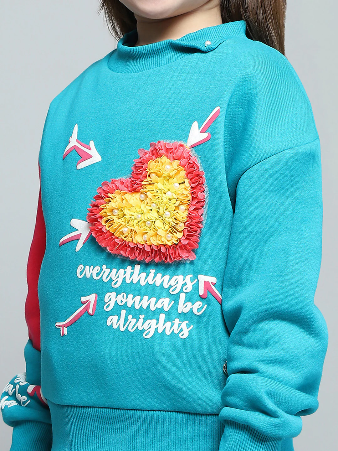 Girls Teal Blue Printed Round Neck Full Sleeve Sweatshirt - Image 7