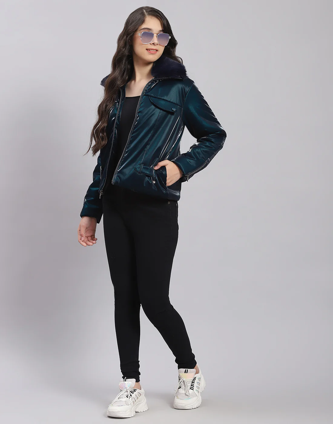 Girls Teal Blue Solid Collar Full Sleeve Girls Jacket - Image 2