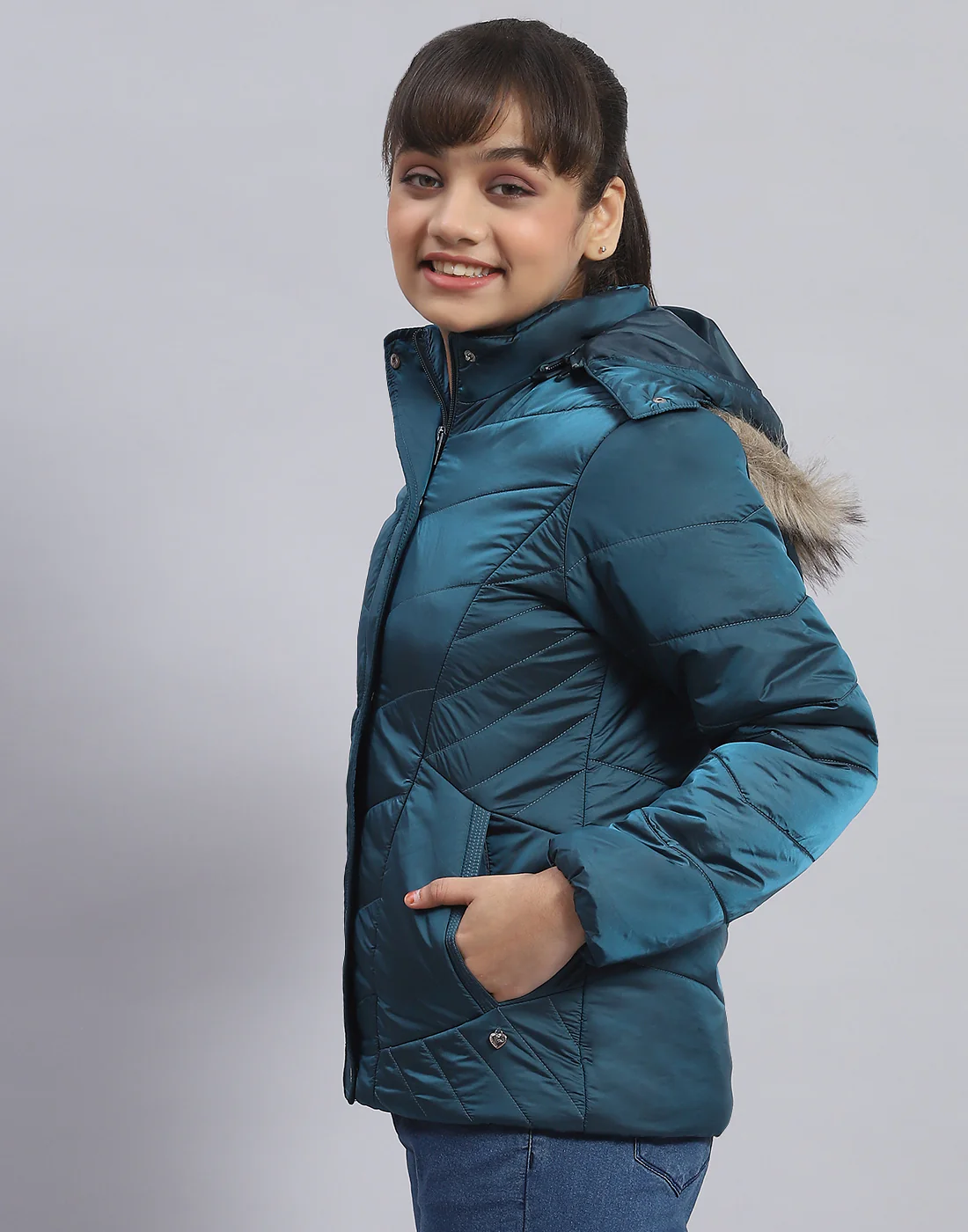 Girls Teal Blue Solid Hooded Full Sleeve Girls Jacket - Image 3