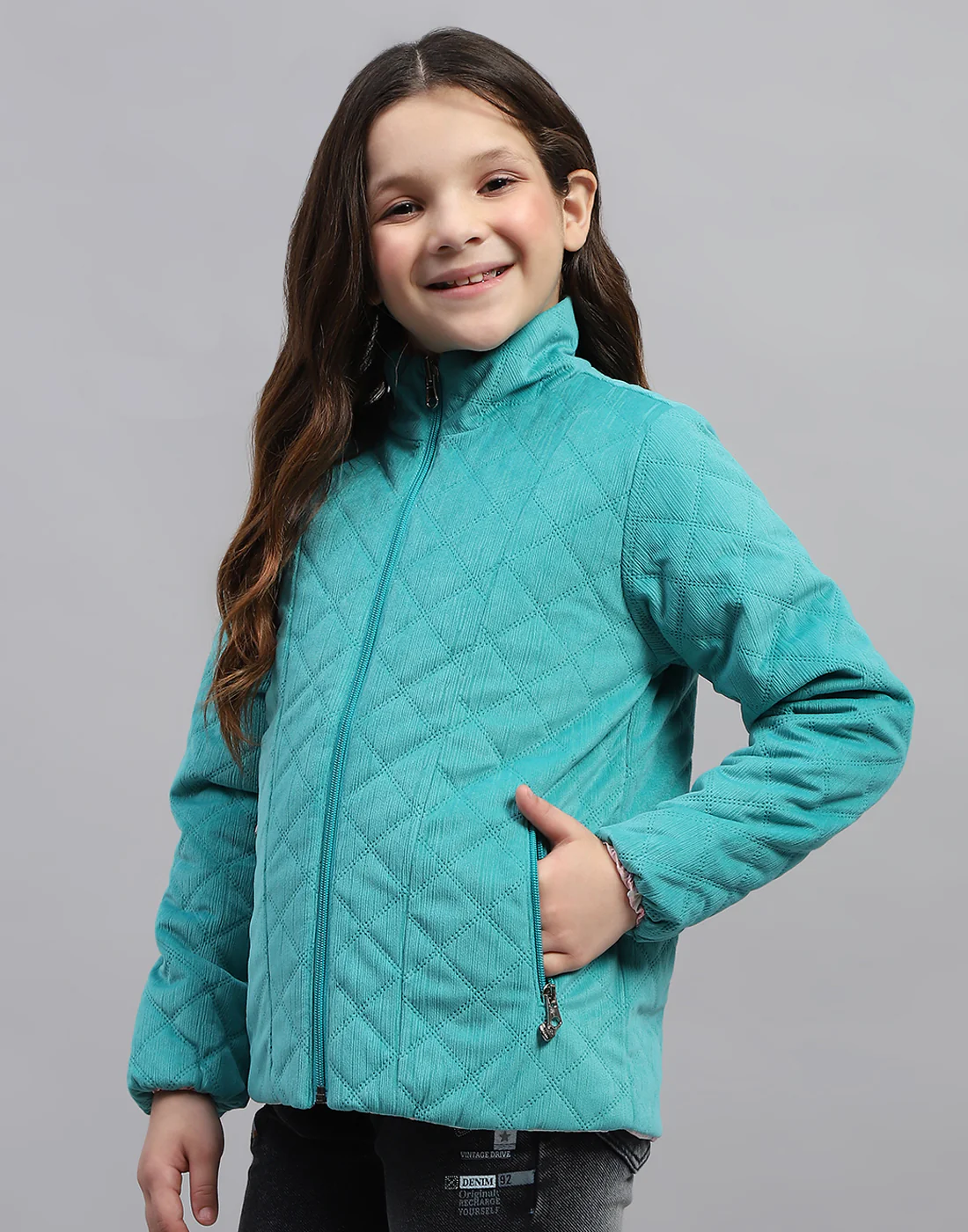 Girls Teal Blue Solid Mock Neck Full Sleeve Jacket - Image 3