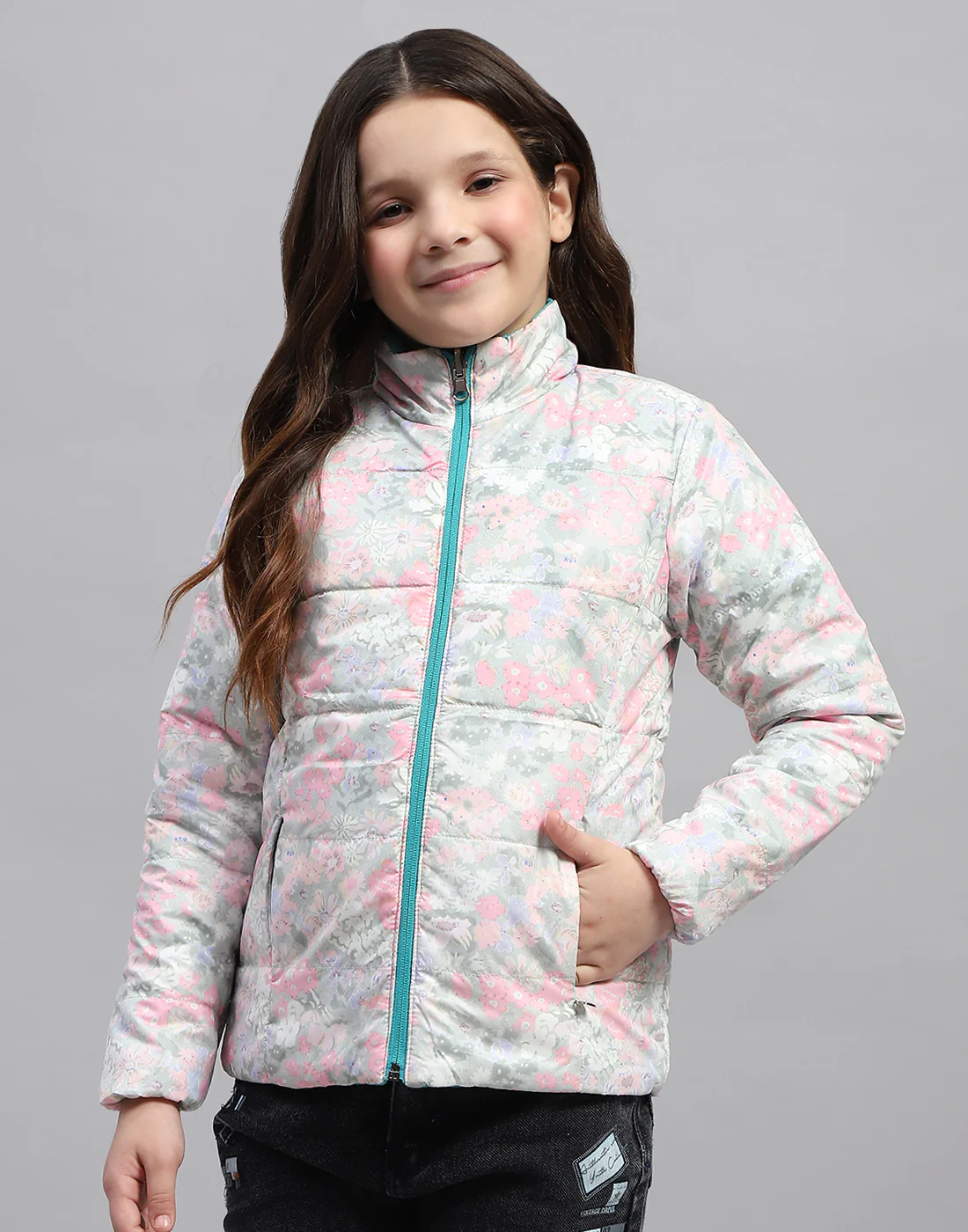 Girls Teal Blue Solid Mock Neck Full Sleeve Jacket - Image 6