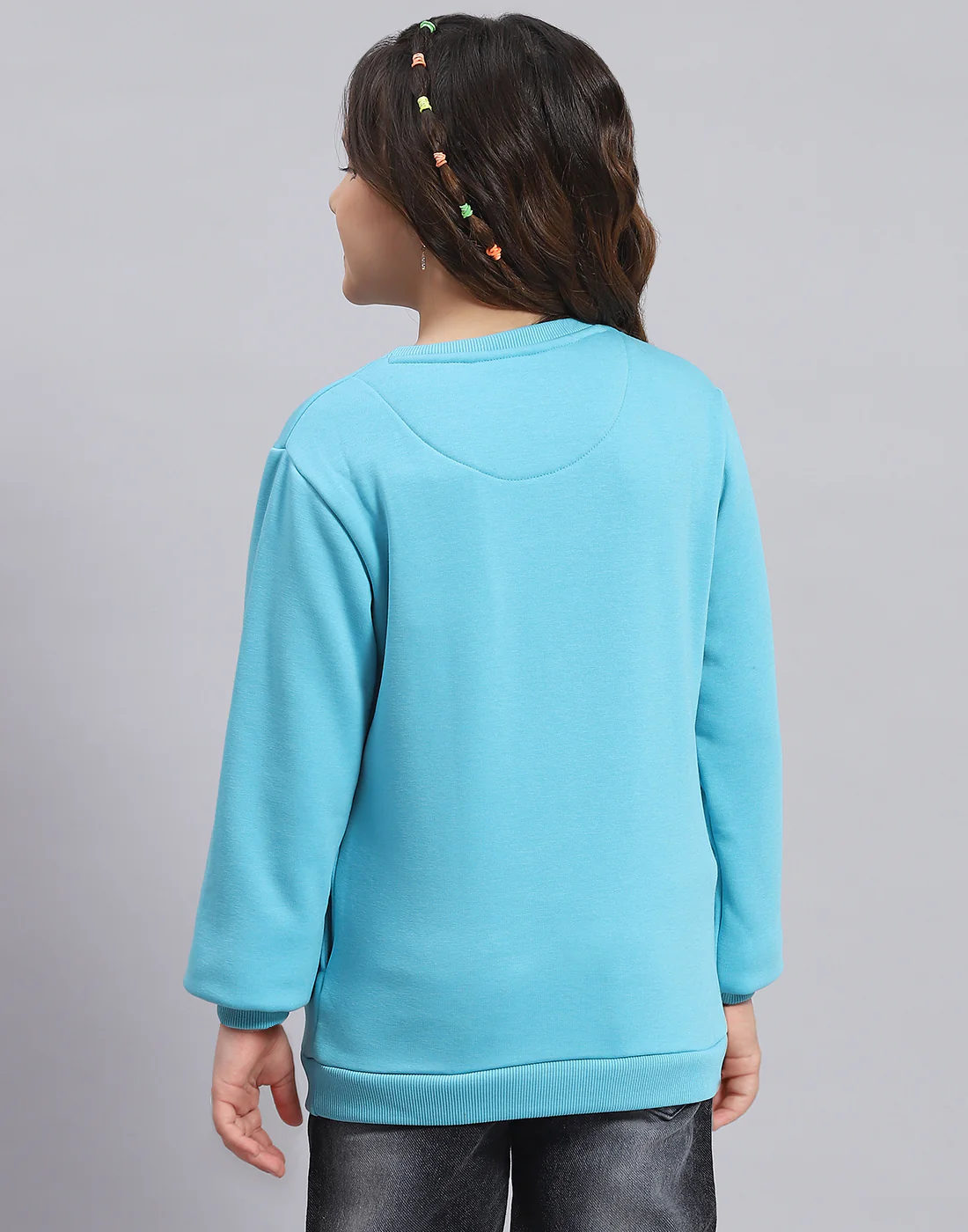 Girls Turquoise Blue Embellished Round Neck Full Sleeve Sweatshirt - Image 5