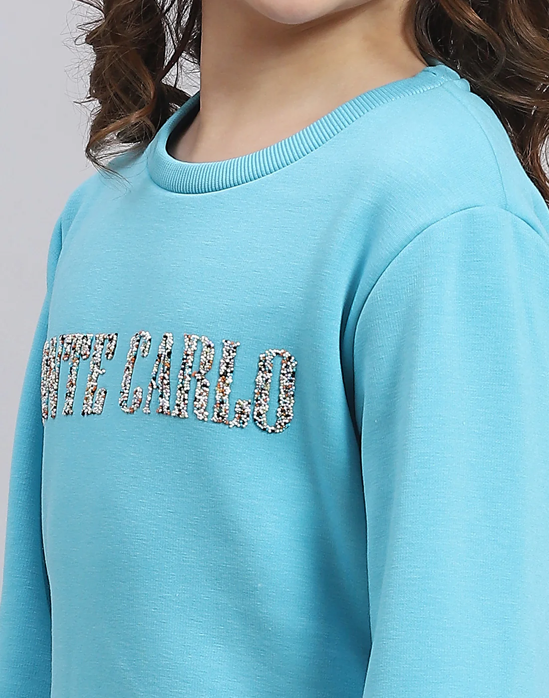 Girls Turquoise Blue Embellished Round Neck Full Sleeve Sweatshirt - Image 6