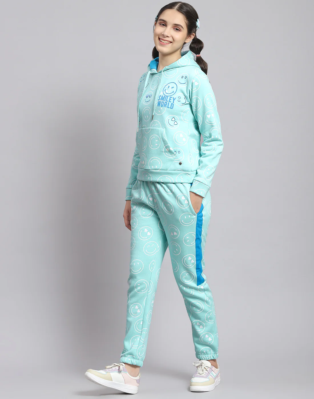 Girls Turquoise Blue Printed Hooded Full Sleeve Cords Set - Image 4