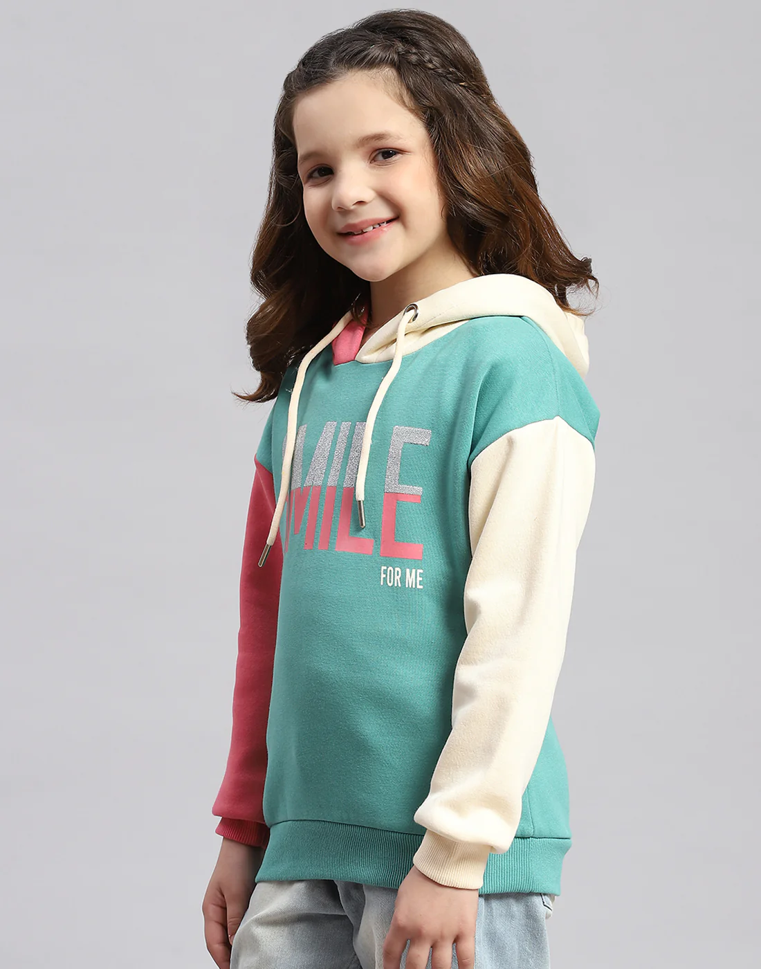 Girls Turquoise Blue Printed Hooded Full Sleeve Sweatshirt - Image 3
