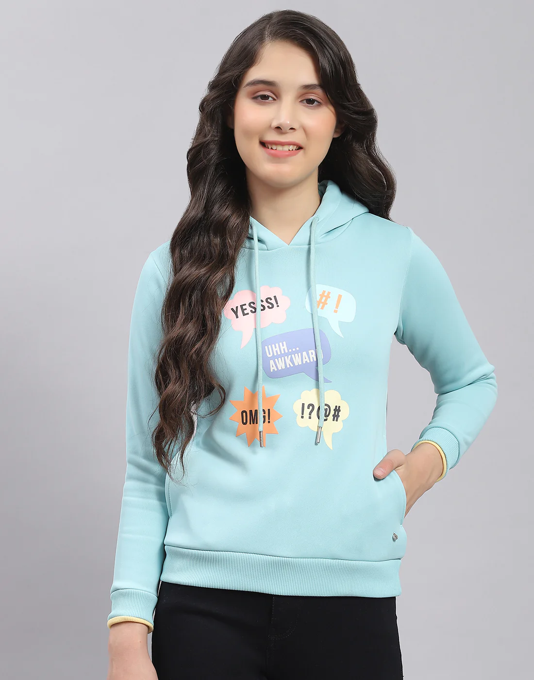 Girls Turquoise Blue Printed Hooded Full Sleeve Sweatshirt - Image 2