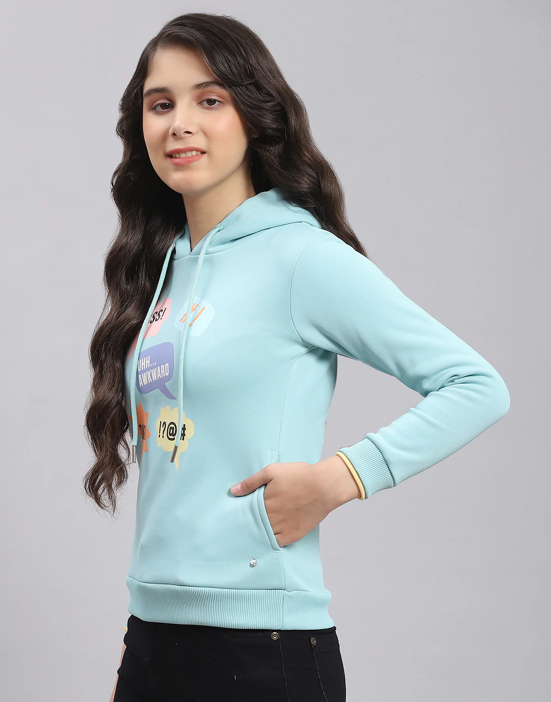 Girls Turquoise Blue Printed Hooded Full Sleeve Sweatshirt - Image 4