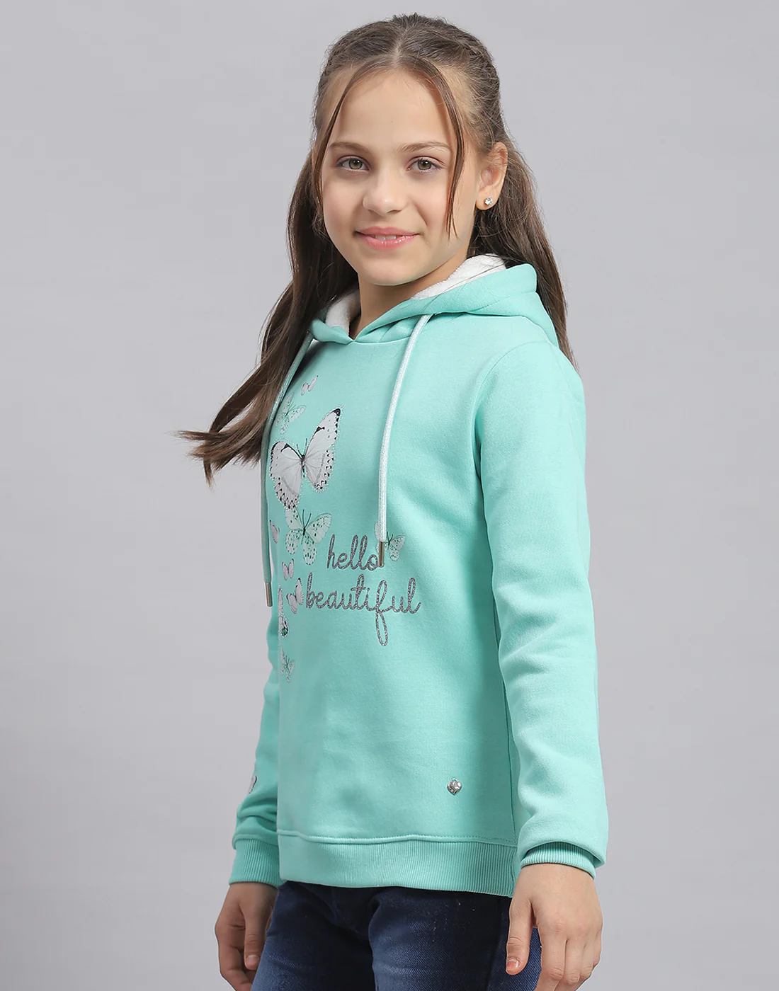Girls Turquoise Blue Printed Hooded Full Sleeve Sweatshirt - Image 3