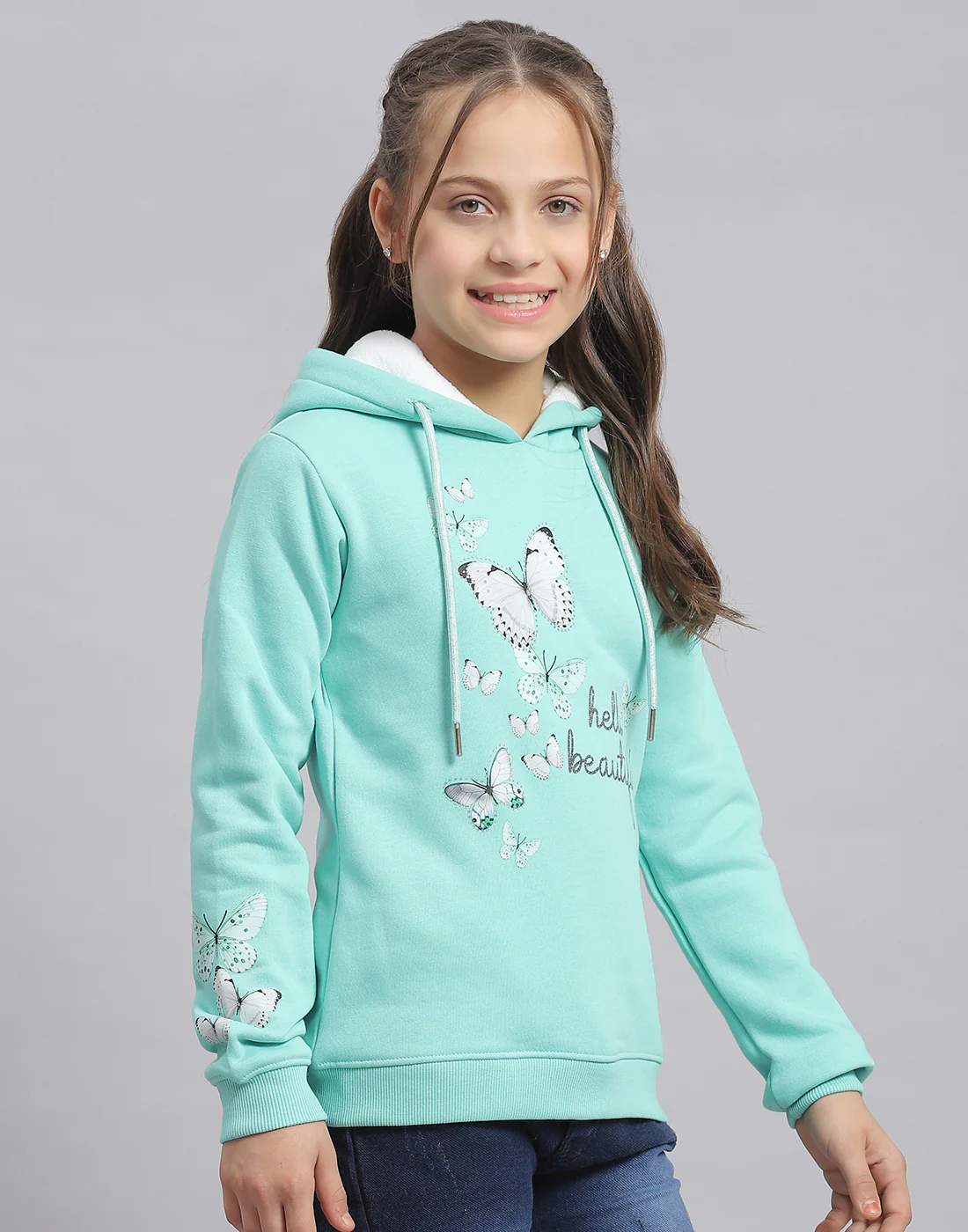 Girls Turquoise Blue Printed Hooded Full Sleeve Sweatshirt - Image 4