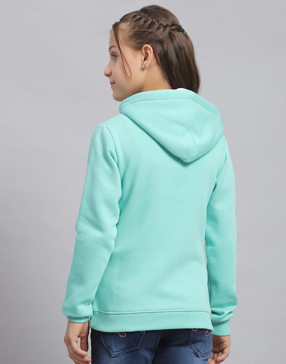 Girls Turquoise Blue Printed Hooded Full Sleeve Sweatshirt - Image 6