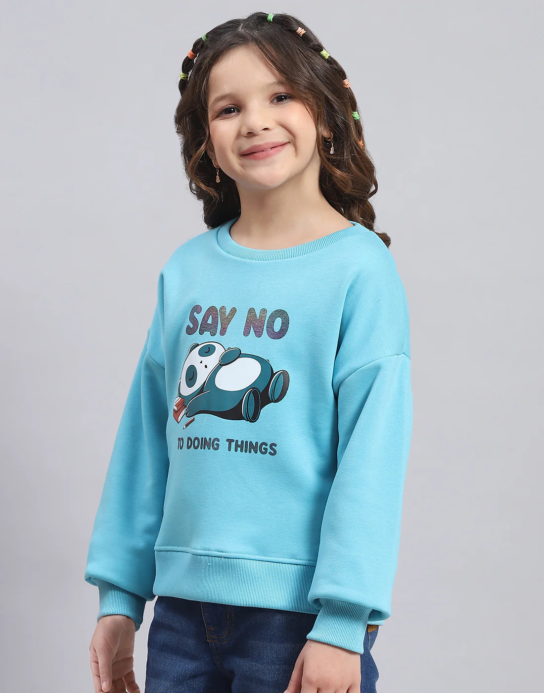 Girls Turquoise Blue Printed Round Neck Full Sleeve Sweatshirt - Image 3