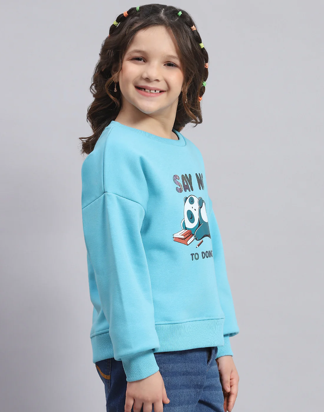 Girls Turquoise Blue Printed Round Neck Full Sleeve Sweatshirt - Image 4