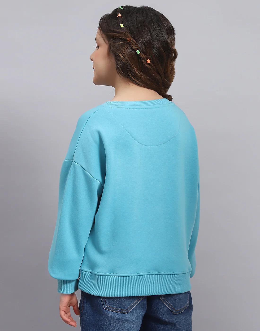 Girls Turquoise Blue Printed Round Neck Full Sleeve Sweatshirt - Image 5